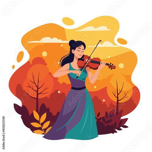 Elegant female violinist playing a classical melody in a vibrant stylized autumn forest setting.