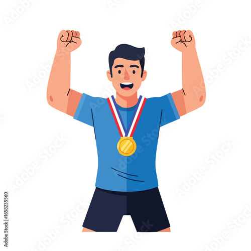 Victorious male athlete celebrating with a gold medal raising his arms in triumph.
