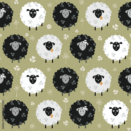 White, black and grey fluffy round sheep in a clover field. Vector seamless pattern