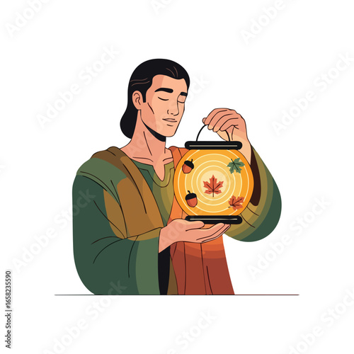 A serene man holding a glowing autumn lantern with maple leaves and acorns.