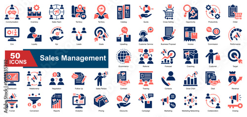 A collection of sales management icons. Includes key sales management features like CRM, leads, revenue, and analytics. Ideal for presentations.
