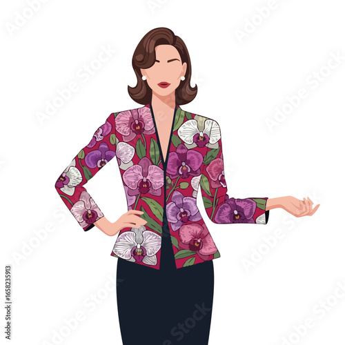 Elegant brunette woman in a stylish jacket with a vibrant pink and purple orchid pattern.