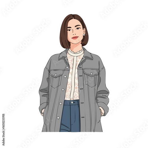 Stylish cartoon woman with a short bob haircut wearing a long grey jacket and jeans.
