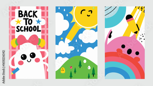 Cute and colorful back to school illustrations with fun characters