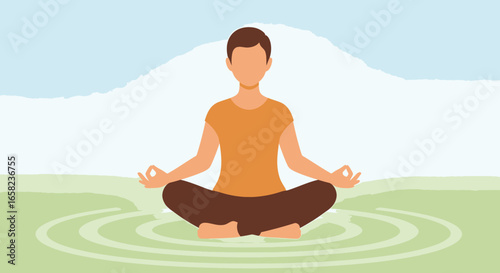 Person meditating in lotus position outdoors with mountain backdrop, demonstrating mindfulness and relaxation.