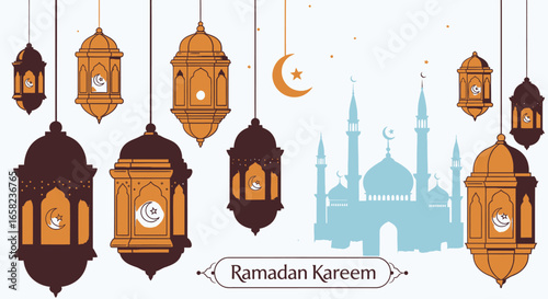 Illustration of Ramadan Kareem featuring hanging lanterns, a crescent moon, and a mosque silhouette against a white background.