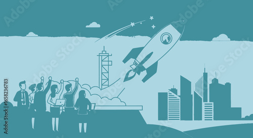 A team celebrates a rocket launch, symbolizing business success and innovation, with a cityscape in the background.