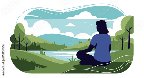 Silhouette of a woman meditating in lotus position on a grassy hill overlooking a serene lake and rolling hills under a cloudy sky.