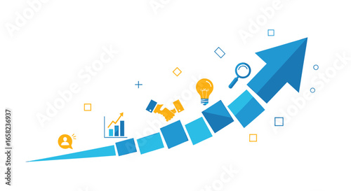 Upward trending arrow graph symbolizing growth, progress, and success, enhanced with icons of innovation and research.