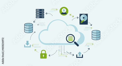 Cloud computing data storage and security system illustrated with icons.