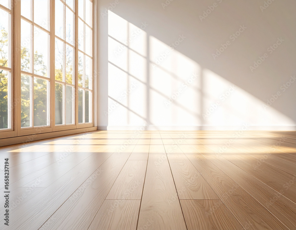 Fototapeta premium Minimalist Bright Interior with Wooden Floor and Sunlight Streaming Through Window