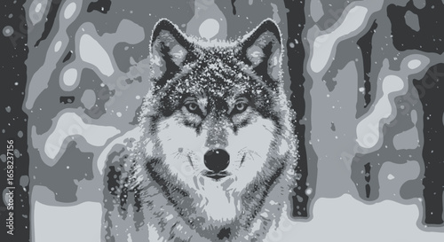 A grayscale illustration of a majestic wolf standing in a snowy forest, gazing directly at the viewer.