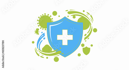 A blue shield with a white cross protects against green virus-like shapes.