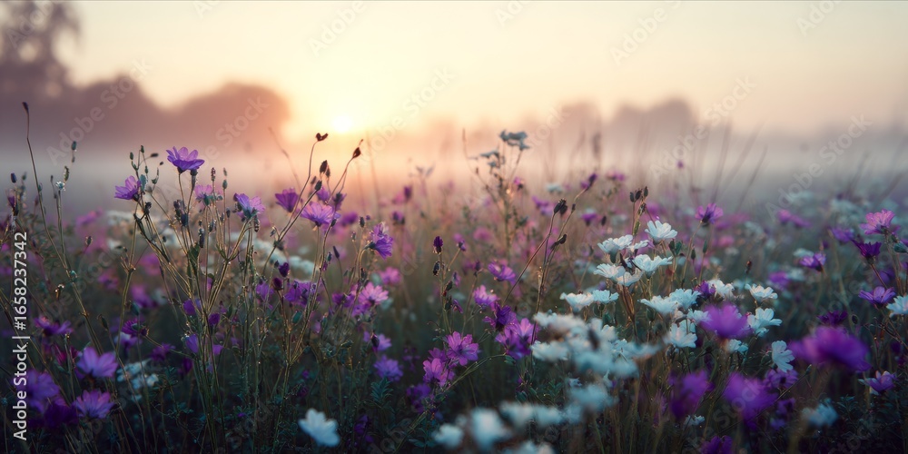 Naklejka premium Sunrise Serenity: Wildflowers in a Misty Meadow, Bathed in Golden Light