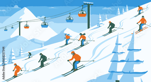 Illustration of skiers descending a snowy mountain slope with a ski lift and snow-covered trees.