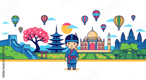 A cartoon boy in traditional clothing stands before global landmarks like the Great Wall, Taj Mahal, and Angkor Wat, with hot air balloons in the sky.
