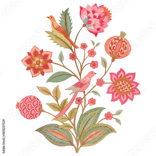 Colourful Chintz Floral motif with birds on a white transparent background