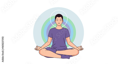 A man in a purple shirt sits cross-legged in a lotus position, meditating with closed eyes, surrounded by concentric circles of blue, green, and white.