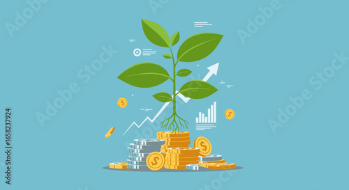 Illustration of a plant growing from a pile of coins, representing financial growth and investment success, with charts and arrows in the background.