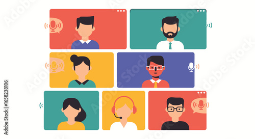 Nine people participating in a colorful video conference, showing various headshots and communication bubbles.