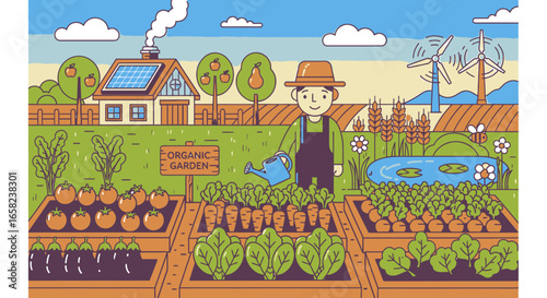 Cartoon farmer tending an organic garden with raised beds, solar panels, and a pond.