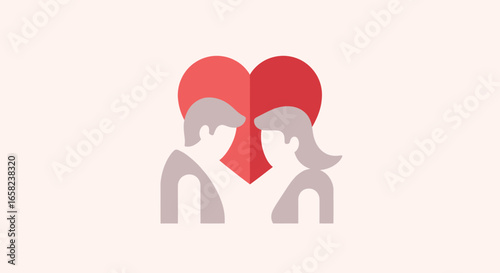 Simple graphic of a couple facing each other, enclosed by a large red heart.