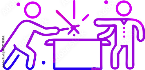 Two people performing a magic trick with a box and a wand in a purple and blue gradient outline style