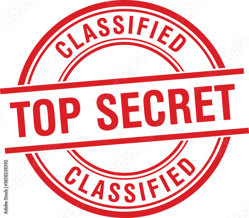 Red circular stamp with the words top secret and classified printed in bold red letters on a white background