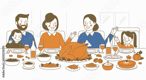 A happy family enjoying a Thanksgiving dinner together at a table laden with food.