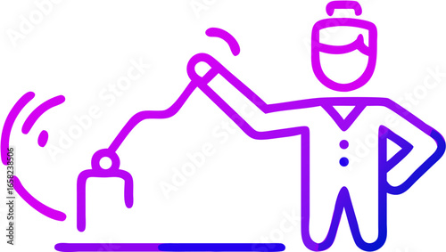 Illustration of a person in uniform ringing a bell with sound waves in a purple and blue gradient