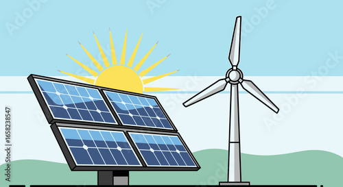 Renewable energy sources, solar panels and wind turbine, sustainable energy.