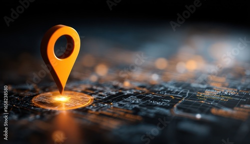 Orange map pin on glowing digital map