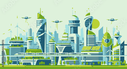 Futuristic eco-city skyline with flying vehicles, green buildings, and renewable energy sources.