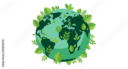 Green Earth surrounded by lush leaves, symbolizing environmental conservation and global sustainability.