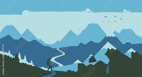 Solo hiker trekking along a river towards majestic blue mountains under a serene sky.