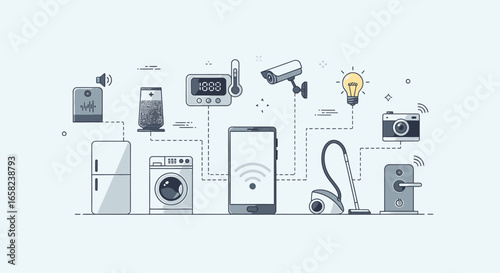 Smart home technology network connecting appliances, security, and lighting via smartphone.