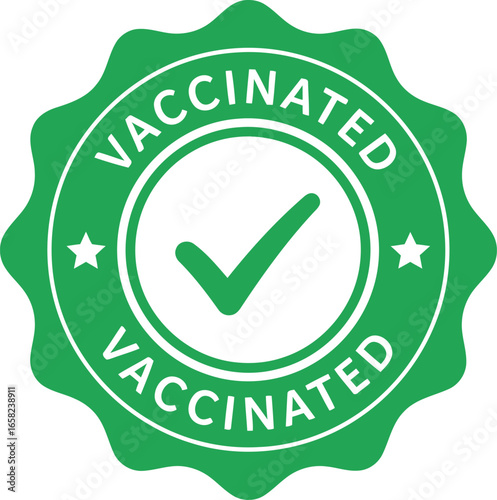 Green circular badge with a checkmark and the word vaccinated repeated twice symbolizing successful immunization and health protection