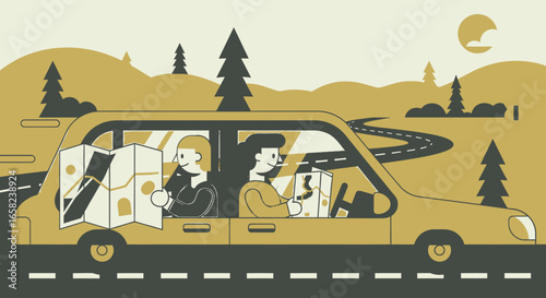 Couple on a scenic road trip, navigating with a map, enjoying a journey through nature.