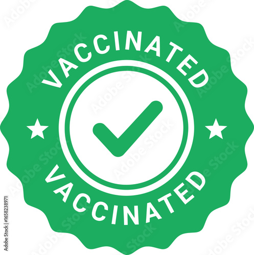 Green vaccinated badge with a checkmark inside a circle signifying health and protection against illness