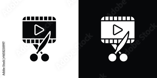 Video Editing Icon with Scissors, Isolated on White Background
