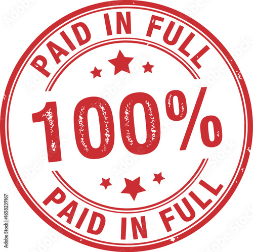 Red rubber stamp with the words paid in full and 100 percent clearly visible on a white background
