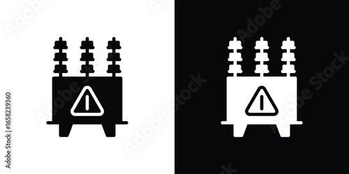Electrical Substation Icon in Black and White with Warning Sign