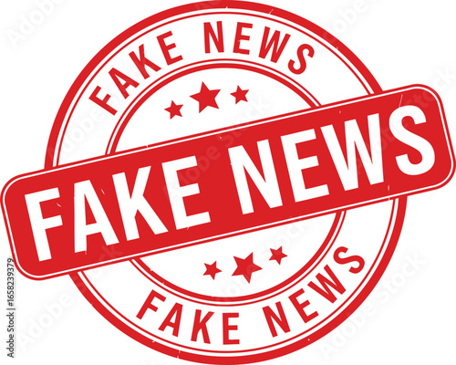 Red rubber stamp with the words fake news prominently displayed in a circular pattern and a diagonal banner