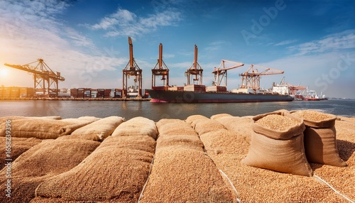 wheat grains and burlap sacks waiting for export at a cargo port