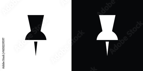 Push Pin Icon in Black and White, Isolated on White and Black Background