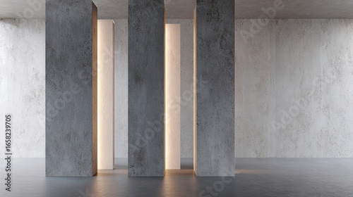 Minimalist modern interior with large concrete columns and glowing panels, featuring clean geometric design in monochrome tones.