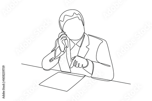 simple continuous line draw of male banker activity while on the phone. Business minimalist concept. Banker minimalist concept. Banker activity.
