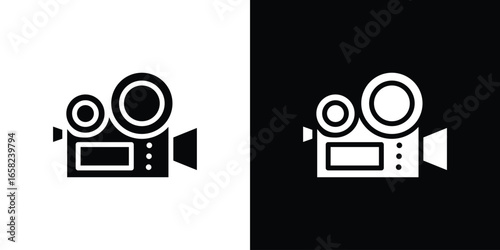 Vintage Movie Camera Icon, Isolated on White and Black Backgrounds