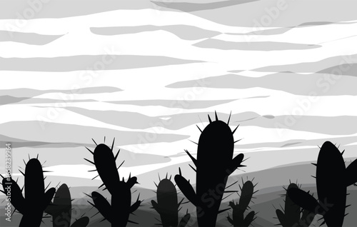 Cactus on dessert illustration black and white.eps