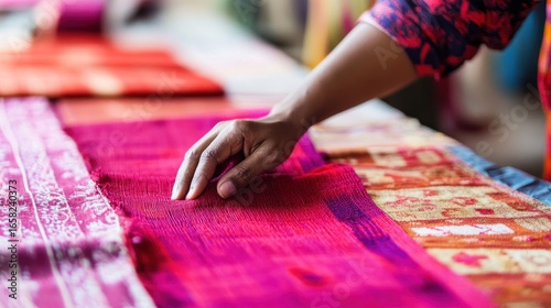 A worker examines colorful textiles for quality, ensuring each piece meets standards